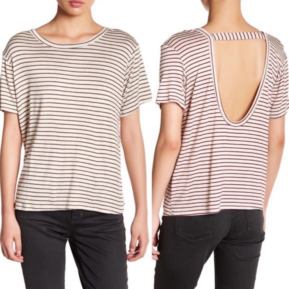 C&C California Kyra Striped Open Back T-Shirt Size Large Cream Maroon NWT